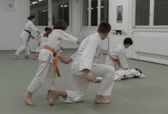 Enfants et adultes à l'entraînement d'aikido; photo : Aikido Mittelland