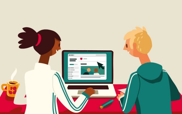 Illustration mit zwei Personen, welche am PC mit einem Lernbaustein arbeiten